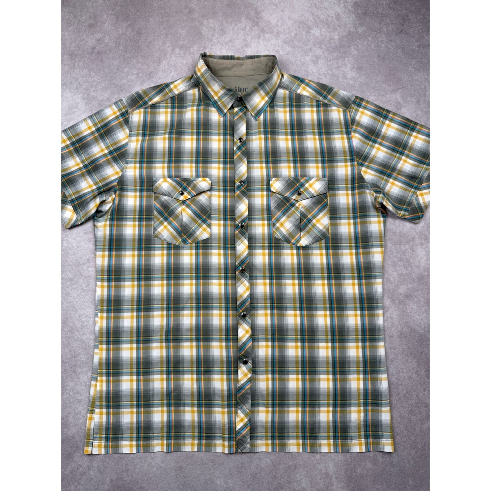 Kuhl Eluxur Men L Gray Yellow Blue Plaid Short Sleeve Snap Shirt Western Camp